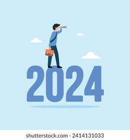 Year 2024 business outlook, businessman looking for investment opportunities. Business and finance illustration concept