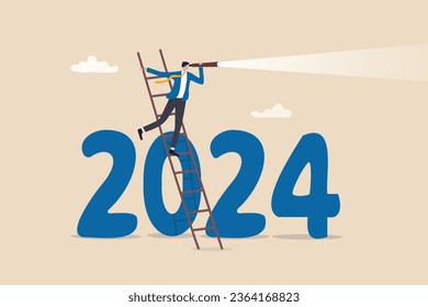 Year 2024 business outlook, forecast or plan ahead, vision for future success, new year goal or achievement, company target or hope concept, businessman climb up on year 2024 to see business outlook. svg