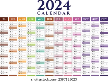 Year 2024 colorful calendar on white background