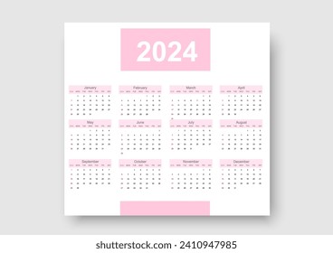 Year 2024 colorful calendar on white background. Vector template. Week starts on Sunday. Desktop planner in simple clean style. English vector calendar layout.
