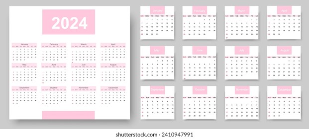 Year 2024 colorful calendar on white background. Vector template. Week starts on Sunday. Desktop planner in simple clean style. English vector calendar layout.
