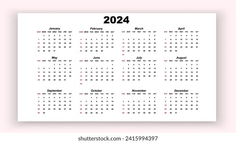 Year 2024 colorful calendar on white background. Vector template. Week starts on Sunday. Desktop planner in simple clean style. English vector calendar layout.