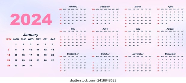 Year 2024 colorful calendar on white background. Vector template. Week starts on Sunday. Desktop planner in simple clean style. English vector calendar layout.
