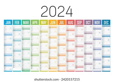 Year 2024 colorful calendar on white background. Vector template.