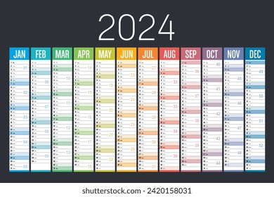 Year 2024 colorful calendar on dark background. Vector template.