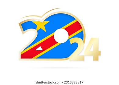 Year 2024 with DR Congo Flag pattern. Vector Illustration.