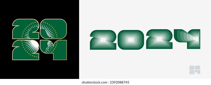 Year 2024 with flag of African Union and in color palate of African Union flag. Happy New Year 2024 in two different style. New Year design for Calendar, Posters, Greeting Cards or Election.