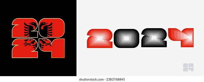 Year 2024 with flag of Albania and in color palate of Albania flag. Happy New Year 2024 in two different style. New Year design for Calendar, Posters, Greeting Cards or Election.