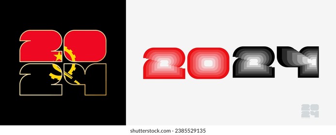 Year 2024 with flag of Angola and in color palate of Angola flag. Happy New Year 2024 in two different style. New Year design for Calendar, Posters, Greeting Cards or Election.
