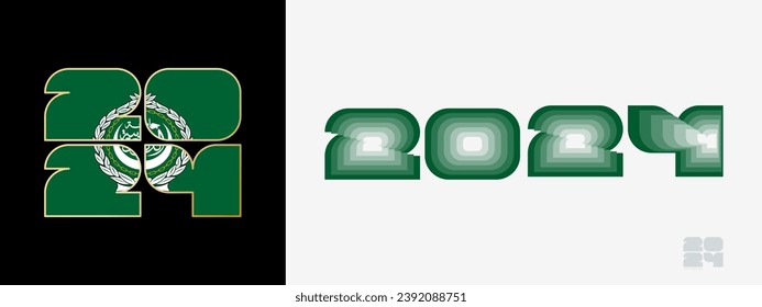 Year 2024 with flag of Arab League and in color palate of Arab League flag. Happy New Year 2024 in two different style. New Year design for Calendar, Posters, Greeting Cards or Election.