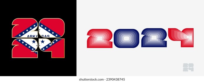 Year 2024 with flag of Arkansas and in color palate of Arkansas flag. Happy New Year 2024 in two different style. New Year design for Calendar, Posters, Greeting Cards or Election.