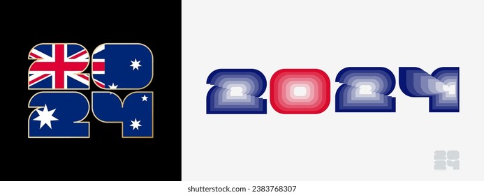 Year 2024 with flag of Australia and in color palate of Australia flag. Happy New Year 2024 in two different style. New Year design for Calendar, Posters, Greeting Cards or Election.
