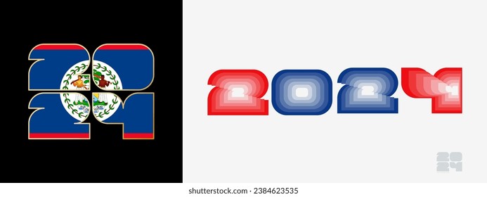 Year 2024 with flag of Belize and in color palate of Belize flag. Happy New Year 2024 in two different style. New Year design for Calendar, Posters, Greeting Cards or Election.