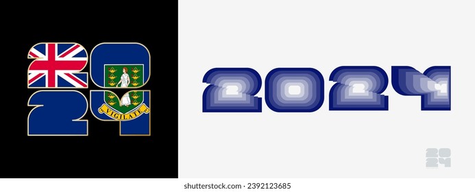 Year 2024 with flag of British Virgin Islands and in color palate of British Virgin Islands flag. Happy New Year 2024 in two different style. 