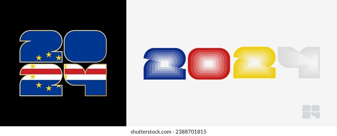 Year 2024 with flag of Cape Verde and in color palate of Cape Verde flag. Happy New Year 2024 in two different style. New Year design for Calendar, Posters, Greeting Cards or Election.