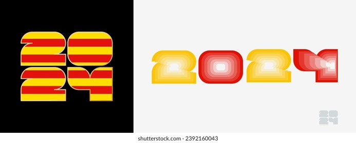 Year 2024 with flag of Catalonia and in color palate of Catalonia flag. Happy New Year 2024 in two different style. New Year design for Calendar, Posters, Greeting Cards or Election.