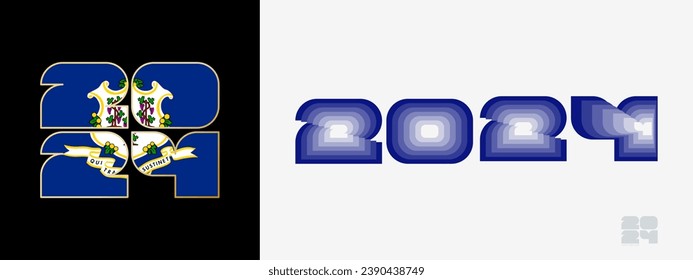 Year 2024 with flag of Connecticut and in color palate of Connecticut flag. Happy New Year 2024 in two different style. New Year design for Calendar, Posters, Greeting Cards or Election.