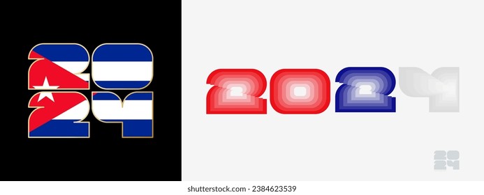 Year 2024 with flag of Cuba and in color palate of Cuba flag. Happy New Year 2024 in two different style. New Year design for Calendar, Posters, Greeting Cards or Election.