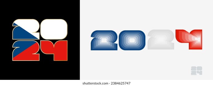 Year 2024 with flag of Czech Republic and in color palate of Czech Republic flag. Happy New Year 2024 in two different style. New Year design for Calendar, Posters, Greeting Cards or Election.