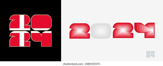 Year 2024 with flag of Denmark and in color palate of Denmark flag. Happy New Year 2024 in two different style. New Year design for Calendar, Posters, Greeting Cards or Election.