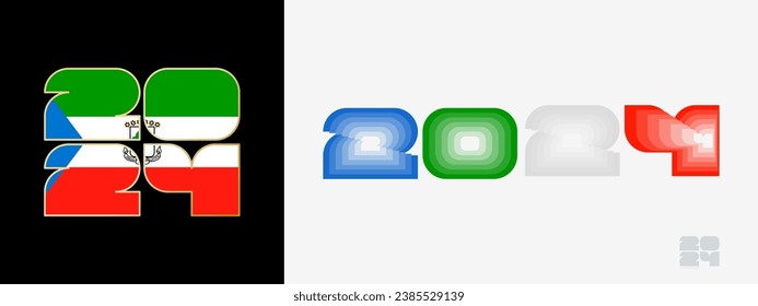 Year 2024 with flag of Equatorial Guinea and in color palate of Equatorial Guinea flag. Happy New Year 2024 in two different style. New Year design for Calendar, Posters, Greeting Cards or Election.