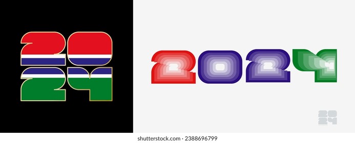 Year 2024 with flag of Gambia and in color palate of Gambia flag. Happy New Year 2024 in two different style. New Year design for Calendar, Posters, Greeting Cards or Election.