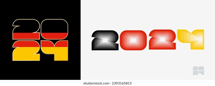 Jahr 2024 mit der Flagge Deutschlands und in Farbe Gaumen von Deutschland Flagge. Happy New Year 2024 in zwei verschiedenen Stil. Neujahrsdesign für Kalender, Poster, Grußkarten oder Wahlen.