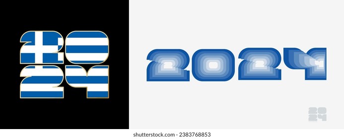 Year 2024 with flag of Greece and in color palate of Greece flag. Happy New Year 2024 in two different style. New Year design for Calendar, Posters, Greeting Cards or Election.