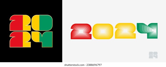 Year 2024 with flag of Guinea and in color palate of Guinea flag. Happy New Year 2024 in two different style. New Year design for Calendar, Posters, Greeting Cards or Election.