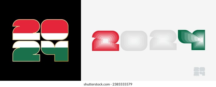 Year 2024 with flag of Hungary and in color palate of Hungary flag. Happy New Year 2024 in two different style. New Year design for Calendar, Posters, Greeting Cards or Election.