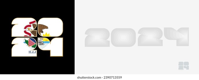 Year 2024 with flag of Illinois and in color palate of Illinois flag. Happy New Year 2024 in two different style. New Year design for Calendar, Posters, Greeting Cards or Election.