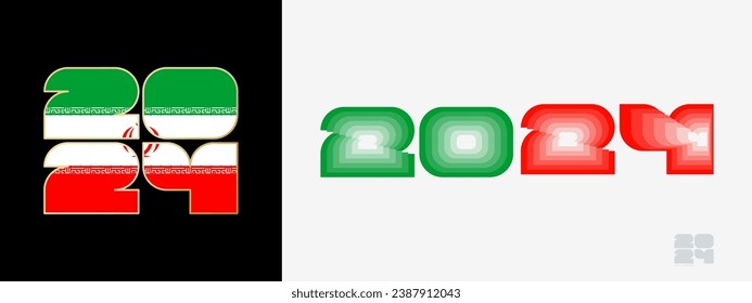 Year 2024 with flag of Iran and in color palate of Iran flag. Happy New Year 2024 in two different style. New Year design for Calendar, Posters, Greeting Cards or Election.