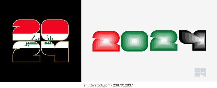 Year 2024 with flag of Iraq and in color palate of Iraq flag. Happy New Year 2024 in two different style. New Year design for Calendar, Posters, Greeting Cards or Election.