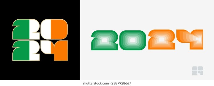 Year 2024 with flag of Ireland and in color palate of Ireland flag. Happy New Year 2024 in two different style. New Year design for Calendar, Posters, Greeting Cards or Election.