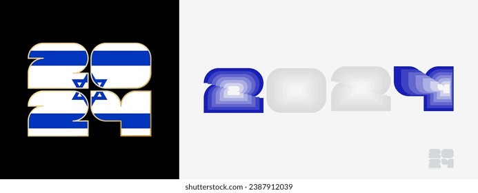 Year 2024 with flag of Israel and in color palate of Israel flag. Happy New Year 2024 in two different style. New Year design for Calendar, Posters, Greeting Cards or Election.