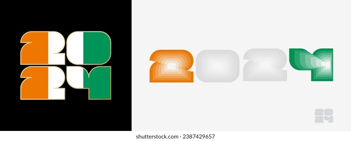 Year 2024 with flag of Ivory Coast and in color palate of Ivory Coast flag. Happy New Year 2024 in two different style. New Year design for Calendar, Posters, Greeting Cards or Election.