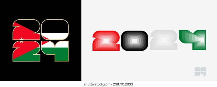 Year 2024 with flag of Jordan and in color palate of Jordan flag. Happy New Year 2024 in two different style. New Year design for Calendar, Posters, Greeting Cards or Election.