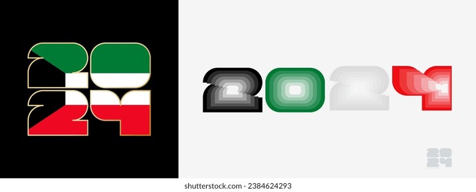 Year 2024 with flag of Kuwait and in color palate of Kuwait flag. Happy New Year 2024 in two different style. New Year design for Calendar, Posters, Greeting Cards or Election.