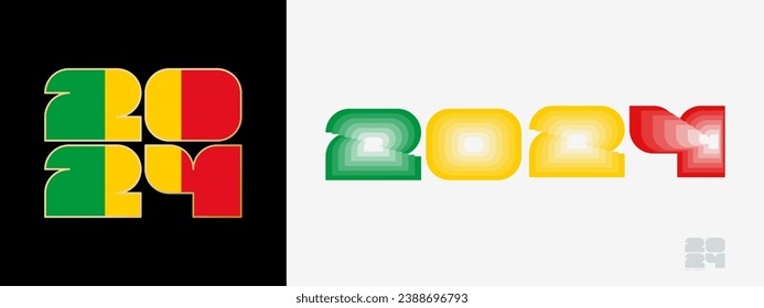 Year 2024 with flag of Mali and in color palate of Mali flag. Happy New Year 2024 in two different style. New Year design for Calendar, Posters, Greeting Cards or Election.