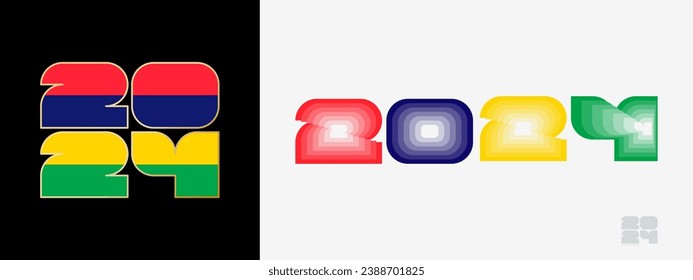 Year 2024 with flag of Mauritius and in color palate of Mauritius flag. Happy New Year 2024 in two different style. New Year design for Calendar, Posters, Greeting Cards or Election.