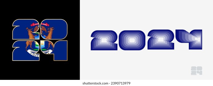 Year 2024 with flag of Michigan and in color palate of Michigan flag. Happy New Year 2024 in two different style. New Year design for Calendar, Posters, Greeting Cards or Election.