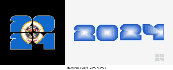 Year 2024 with flag of Minnesota and in color palate of Minnesota flag. Happy New Year 2024 in two different style. New Year design for Calendar, Posters, Greeting Cards or Election.