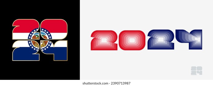 Year 2024 with flag of Missouri and in color palate of Missouri flag. Happy New Year 2024 in two different style. New Year design for Calendar, Posters, Greeting Cards or Election.