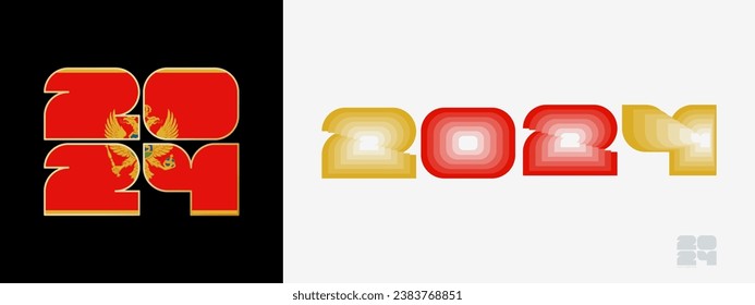 Year 2024 with flag of Montenegro and in color palate of Montenegro flag. Happy New Year 2024 in two different style. New Year design for Calendar, Posters, Greeting Cards or Election.