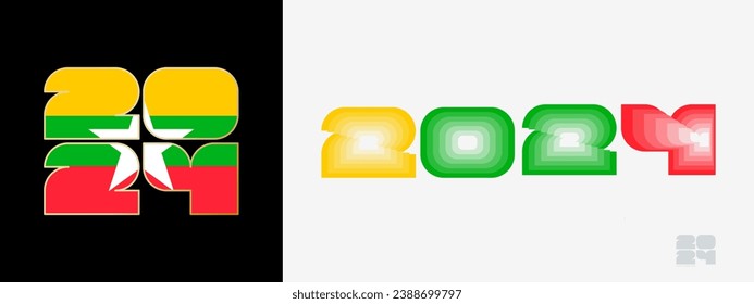 Year 2024 with flag of Myanmar and in color palate of Myanmar flag. Happy New Year 2024 in two different style. New Year design for Calendar, Posters, Greeting Cards or Election.