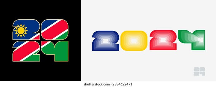 Year 2024 with flag of Namibia and in color palate of Namibia flag. Happy New Year 2024 in two different style. New Year design for Calendar, Posters, Greeting Cards or Election.