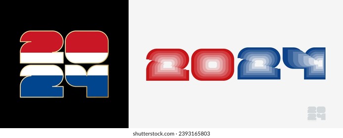 Year 2024 with flag of Netherlands and in color palate of Netherlands flag. Happy New Year 2024 in two different style. New Year design for Calendar, Posters, Greeting Cards or Election.