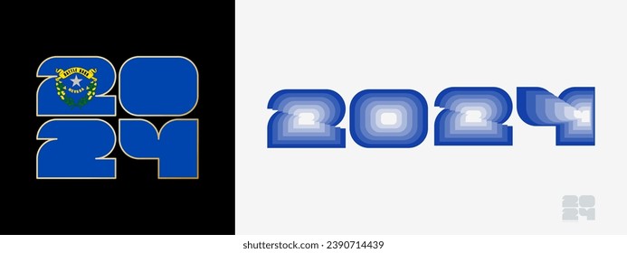 Jahr 2024 mit der Flagge von Nevada und in Farbe Gaumen von Nevada Fahne. Happy New Year 2024 in zwei verschiedenen Stil. Neujahrsdesign für Kalender, Poster, Grußkarten oder Wahlen.