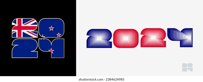 Year 2024 with flag of New Zealand and in color palate of New Zealand flag. Happy New Year 2024 in two different style. New Year design for Calendar, Posters, Greeting Cards or Election.