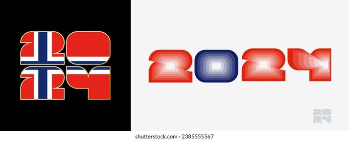 Año 2024 con bandera de Noruega y en paladar de color de la bandera de Noruega. Feliz Año Nuevo 2024 con dos estilos diferentes. Diseño de Año Nuevo para calendario, afiches, tarjetas de felicitación o elecciones.